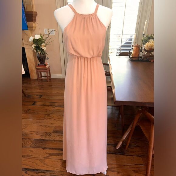 Show Me Your MuMu Chiffon Dusted Peach Backless Halter Maxi Gown XS Bridesmaid - Picture 5 of 11
